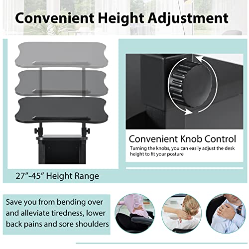 Tangkula Mobile Laptop Podium, Height Adjustable Sit to Stand Desk with Tilting Desktop & Storage Cabinet, Ergonomic Rolling Lectern Cart Laptop Desk, Office Podium Stand on Wheels