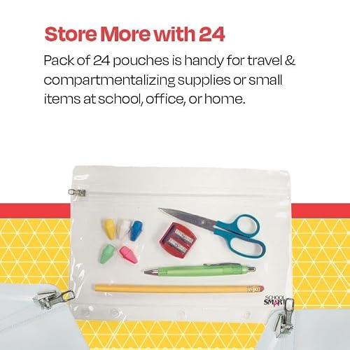 School Smart Zippered Ring Binder Pouches, 7 x 10 Inches, Clear and White Vinyl, Pack of 24