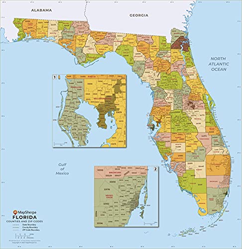 Florida ZIP Code Map with Counties - Standard - 36" x 37.25" Laminated