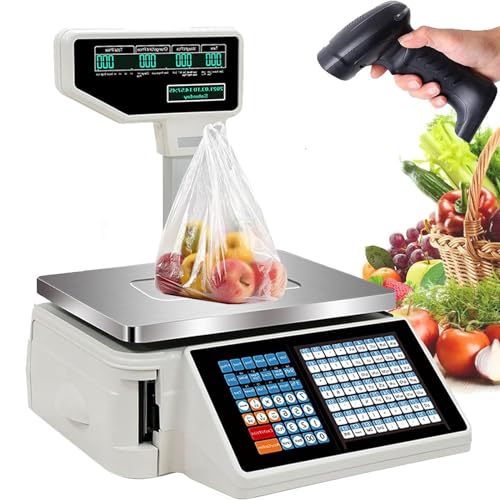 Label Printing Scale - Dual Displayk + 63 Key Combinations, 30KG/60 Lbs Capacity - Price Calculation Scales with Pole Display, for Weighing in Supermarket/Warehouse
