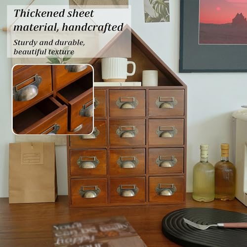 Vintage 12 Drawer Desktop Organizer, Apothecary Cabinet with Metal Handles, Vintage Library Card Catalog Cabinets with Drawers for Tea Crafts Cosmetics Office Supplies