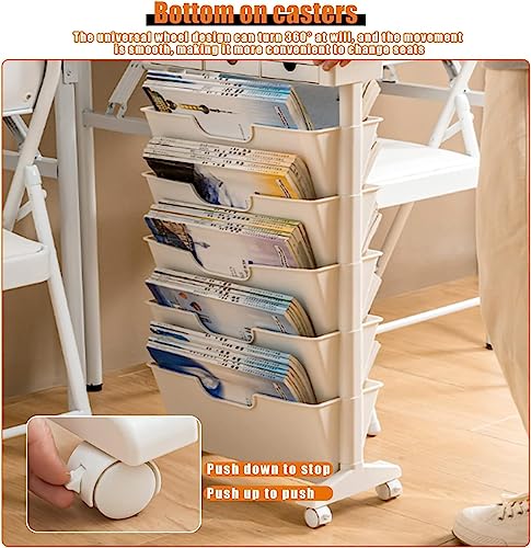 6 Tier Book Cart Storage Bookshelf, Vertical Narrow Bookshelf Organizer with Top partition Storage, Library Reading Rack/Magazine Rack, for Children Students Study in Bedroom Living Room Home School