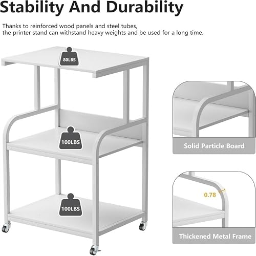 Printer Stand- Large 3 Tier Table 20" d X 15.7" w X30.2 h White Modern Contemporary Steel Finish Modular