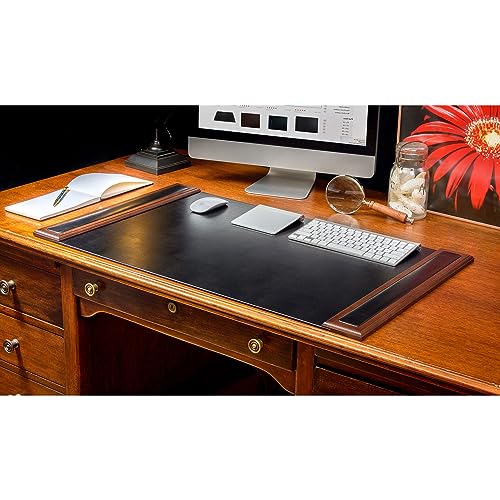 DACASSO Wood & Leather Desk Pad with Side Rails - Luxury Leather Desk Blotter for Writing - Padded Executive Desk Surface Protector - (Walnut & Black, 34” x 20”)