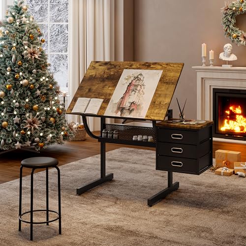 Zentrava Rustic Brown Height Adjustable Drafting Art Table for Adults, Rustic Brown Drafting Drawing Table Desk with 3 Drawers and Stool, 0-75° Tilting Tabletop Art Drawing Table for Drawing