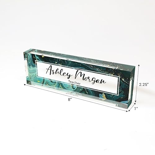 ARTSWAVE - Clear Acrylic Green Marble Design Block Nameplate for Teacher, Boss, Principal, Nurse, Office Decor, Door or Wall Display - 8"x2.5"