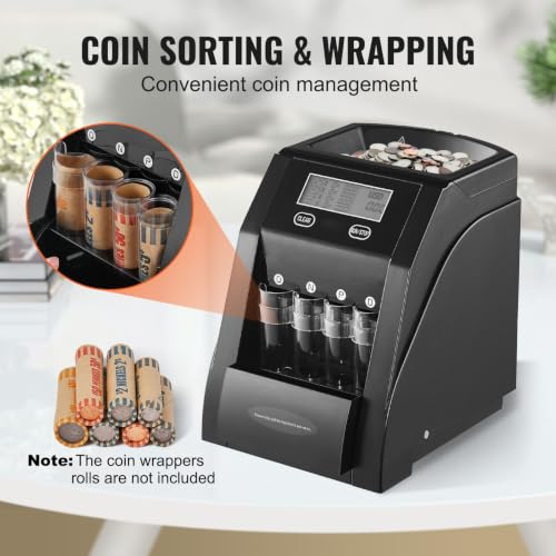4-in-1 USD Coin Sorter Counter Machine with LCD Display Holds 200 Coins, Auto Wrapper Filling, 4 Storage Tubes and Boxes for Cashier Office Use