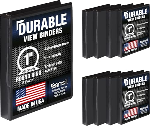 Samsill 8 Pack Durable 1 Inch 3 Ring Binders, Round Ring, Clear View Cover for Presentations, Black