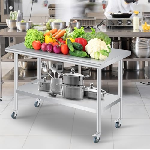 Stainless Steel Prep Table with Wheels 24x60 Inch,Heavy Duty Commercial Mobile Kitchen Cart with Adjustable Shelf for Restaurant, Garage & Outdoor BBQ