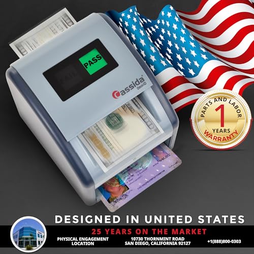 Cassida Omni-ID 2-in-1 Currency Counterfeit Detector with UV Identification Verification Lights – Bill Checker with Infrared, Magnetic and Ultraviolet Sensors - Pass/Fail Display (Pass/Fail + UV)