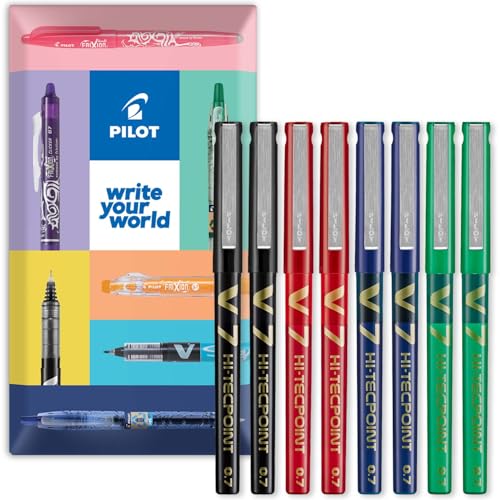 PILOT V7 Hi-Tecpoint Rollerball Pen - Liquid Ink - Medium 0.7mm Nib - Black, Blue, Red, Green - In Envelope Gift Packaging - Pack of 8