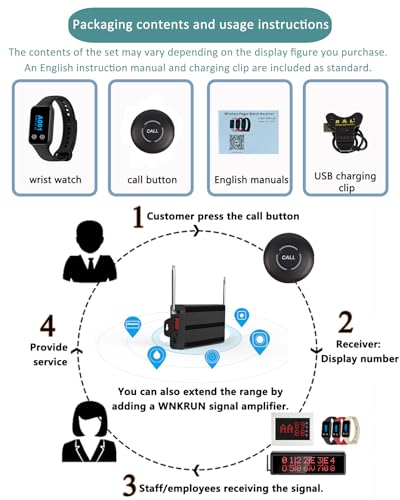 WNKRUN Wireless Restaurant Pager Watch 1 Receiver 2 Call Buttons