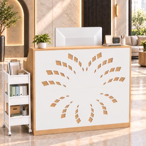 Zevemomo Front Desk Reception Counter with Rolling Cart, Natural+White