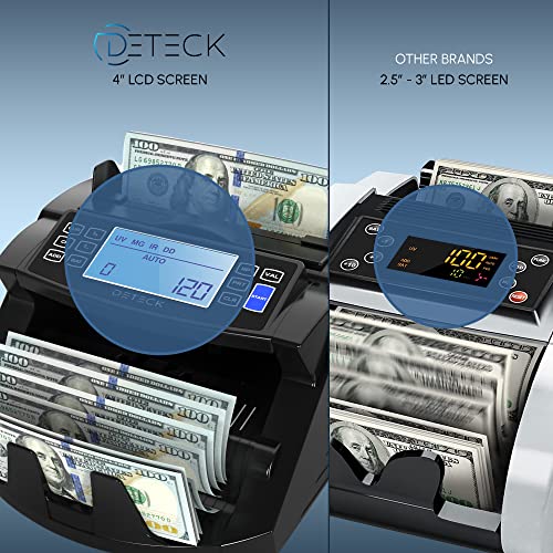 DETECK DT200 Money Counter Machine with Value Count - Large 4” LCD Display Cash Counter Machine, Add and Batch Modes, UV/MG/IR Counterfeit Detection Bill Counter, 1300 Bills/Min - Print Option