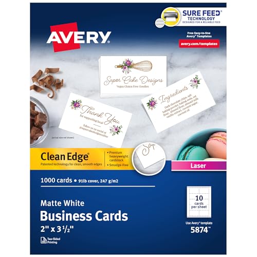 Avery Clean Edge Printable Business Cards, Sure Feed Technology, 2" x 3.5", White, 1,000 Blank Cards for Laser Printers (5874)