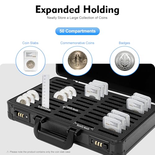 Aluminum Slab Holder with Handle Coin Holder Display Case Compartments,Coin Case for 50 Coin Slabs,Coin Collection Supplies