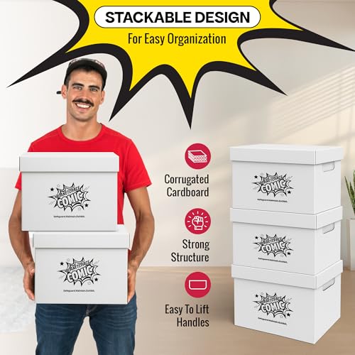 PlanetSpace Comic Book Storage Box | 22 Boxes with 6 Dividers (Each Box Stores Up to 175 Comics) - Short Stackable Design with Dust Protection Lid | Strong Structure & Acid Free Manufacturing