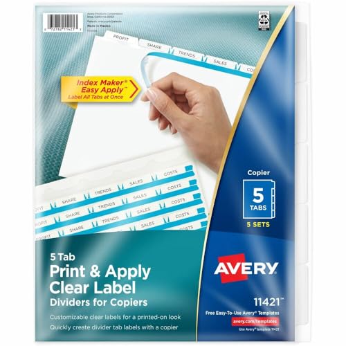 Avery - Dividers - Index Maker 30% Recycled Clear Label Dividers with White Tabs for Copiers, 5-Tab, Sets - Index Maker Clear Label Dividers with White Tabs for C