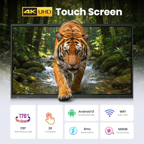 55'' 4K UHD Smart Board, Interactive Digital Whiteboard, 20-Point Touchscreen, All-in-One Electronic Whiteboard for Office Classroom Home Business