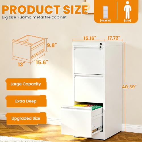 3 Drawer File Cabinet with Lock, Metal Vertical File Cabinets for Home Office, Office Furniture for Organization Hanging Legal/Letter/A4, Office File Cabinet Storage Cabinet, Require Assembly, White