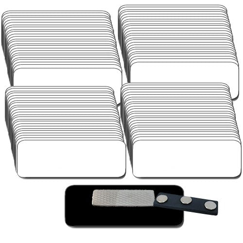 Magnetic Name Tags/Badges with Super Strong Magnetic Fasteners UNATTACHED - 100 Pack Kit Includes Crystal Clear Gloss Printable Labels - White with 1/4th Rounded Corners 1.25 X 3 Inch Size