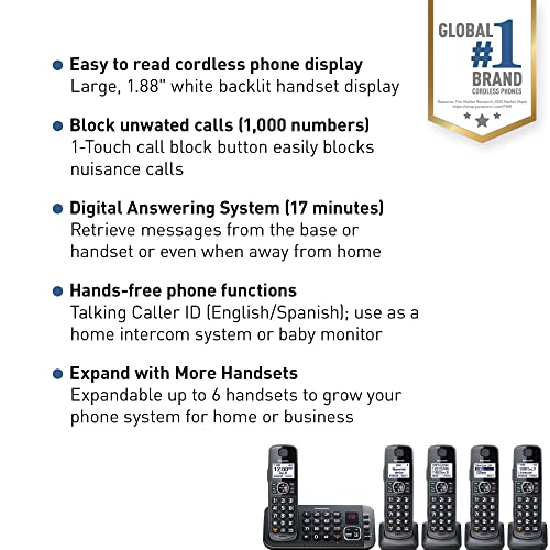 Panasonic DECT 6.0 Expandable System, Cordless Phones with Answering Machine and Call Blocking - 5 Cordless Phones 5 Handsets - KX-TGE645M (Metallic Black)