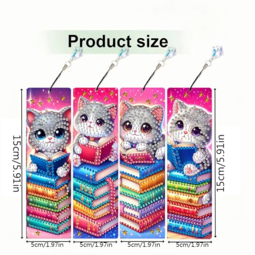 4Pcs DIY Cat and Book Diamond Art Painting Bookmark Gift for Book Lovers