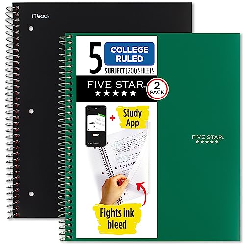 Five Star Spiral Notebook + Study App, 5 Subject, College Ruled Paper, 11" x 8-1/2", 200 Sheets, Black & Forest Green, 2 Pack (820190)