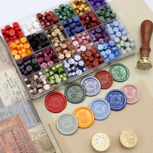 Christmas Wax Seal Kit - 2pcs Santa Claus & Star Stamp With 24 Colors Beads 600pcs, Electric Warmer, Spoon, Metallic Pens, Card and Envelope for Letter Sealing