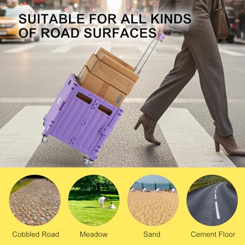 Foldable Utility Cart Folding Portable Rolling Crate Handcart with Durable Heavy Duty Plastic Telescoping Handle Collapsible 4 Rotate Wheels for Travel Shopping Moving Luggage Office Use (Purple)