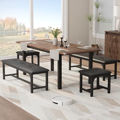 TrailBlaze Space-Saving Extendable Office Desk Set – 5-Piece Modern 63" Table, Upholstered Benches & Stools, Waterproof Mark-Resistant MDF, Metal Frame – Walnut Plate & Black Iron Frame