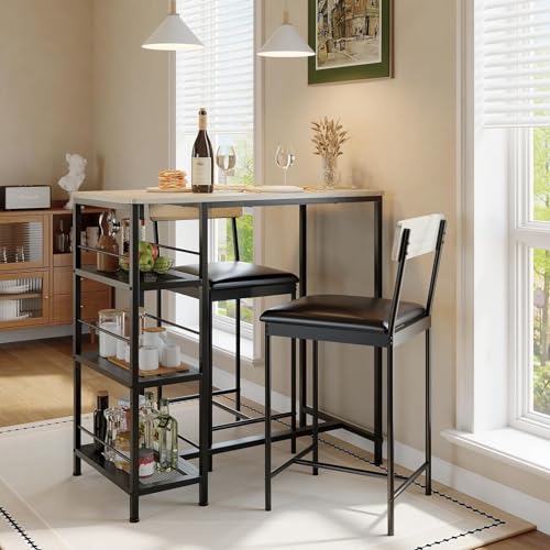 GarveeLife Dining Table Set for 2, Counter Height Bar Table Set with Storage ＆ Stools, High Top Pub Table and Chairs for Kitchen, Dining Room, Sofa Side, Apartment, Breakfast Nook