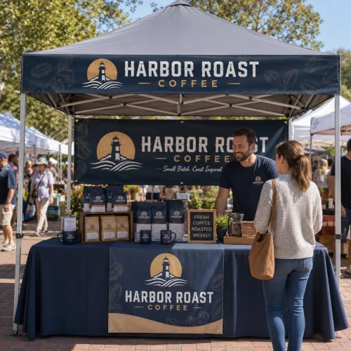 Custom Farmers Market Vendor Booth Bundle – Personalized Vinyl Tent Banner, Backdrop Banner & Table Runner, 3-Piece Branding Kit for Craft Fairs, Vendor Events and Trade Shows