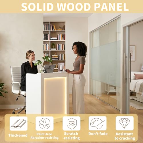 Reception Desk with Counter Modern Front Desk with Lockable Drawer Retail Checkout Counter with LED Light for Office Clothing Store Lobby Beauty Salon, 15.8x27x37.8in, White