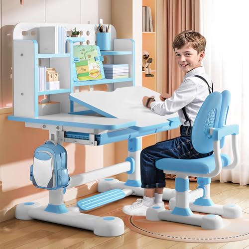 Kid's Study Desk and Chair Set, Height Adjustable Children's Desk with 50-Degree Tiltable Desktop, Bookshelf & Storage Drawer, Ergonomic Study Table Set for Bedroom (Blue)