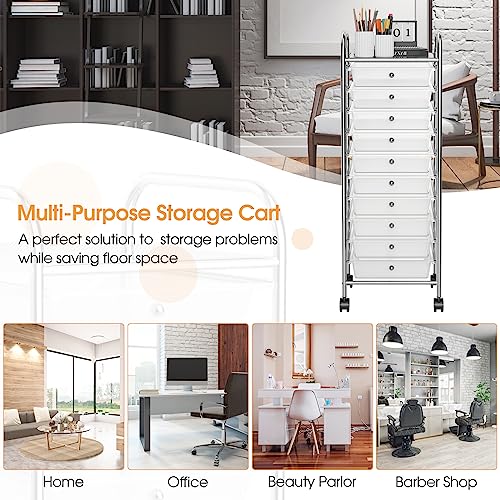 MEDIMALL 10 Drawers Rolling Storage Cart, Multipurpose Craft Storage Cart with Wheels, Mobile Tools Scrapbook Paper Organizer Cart for Office School Home Use (Clear)