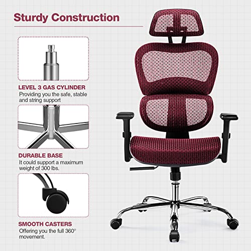 AFO Ergonomic Office Chair, High Back Mesh Office Chair with 3D Armrests and Headrest, Adjustable Rolling Chair with Lumbar Support and Tilt Function, Red, (WY-1388-RD)