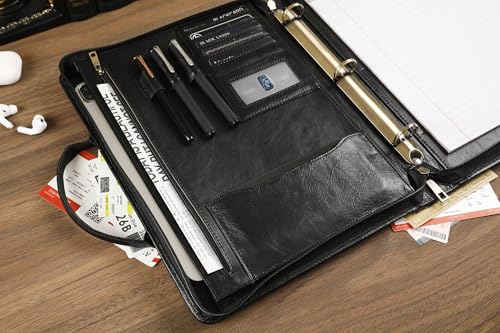 Leather Portfolio Binder with Clipboard, Letter Size Notepad Padfolio with Handle, Work Portfolio Organizer for Men, Oil Black, Non-Custom