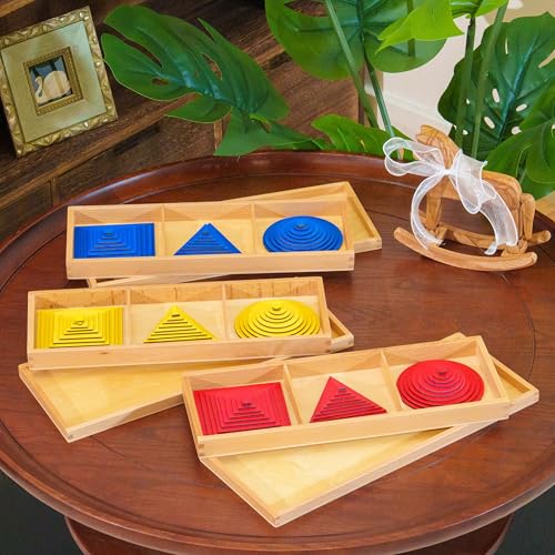Premium Montessori Geometric Graded Shapes Beechwood，Red Yellow Blue Color Squares Triangles Circles, Sensorial Materials Shape Recognition, Size Discrimination Fine Motor Skills, Homeschool Kids