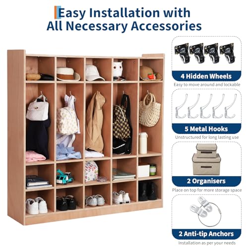 LALFPET Training Room Coat Locker with 15 Cubbies & 5 Sections – Storage Cabinet for Kids with Hooks, 2 Storage Boxes, 4 Casters – Anti-Tip Anchors – Perfect for Daycare, School, Home