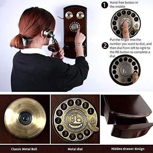 Qendsx Retro landline- Corded Phones Wall-Mounted Vintage Telephone with Wood and Metal Body, European-Style Rotary Fixed Telephone for Home Hotel