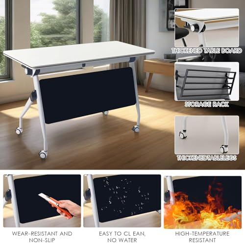 47.2" Conference Room Table,Office Conference Table with Locking Wheels, Folding Flip-Top Mobile Table for Training Rooms,White