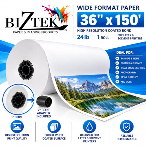 BIZTEK Wide Format Paper 36'' x 150' feet with 3 inch core and 2 inch core adapter 24 lb For Latex and Solvent Printers 1 roll High Resolution Coated Bond