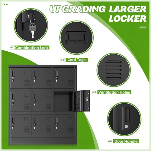 Pataku Lockers for Employees, Black Lockers with Lockable Doors, Sports Locker with 9 Doors, Metal Locker for Office, Storage Locker Cabinet for Bedroom, Gym, School, Home