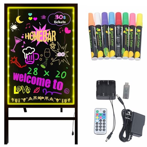 LED Message Writing Board with Stand, Self-Standing LED Signs with Adjustable Height, Menu Board Aluminum Frame with Marker for Shops Stores Bars Restaurants, 7 Types Light Color 4 Types Flash Mode