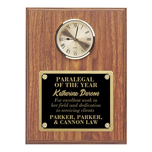 SHOP AWARDS AND GIFTS Customizable 9 x 12 Inch Genuine Walnut Custom Plaque Award Trophy Personalized, Engravable with Gold Clock and Engraving Plate