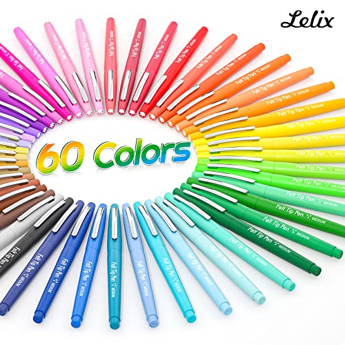 Lelix 60 Colors Felt Tip Pens, Medium Point Felt Pens, Assorted Colors Markers Pens For Journaling, Writing, Note Taking, Planner Coloring, Perfect as Art Office and School Supplies