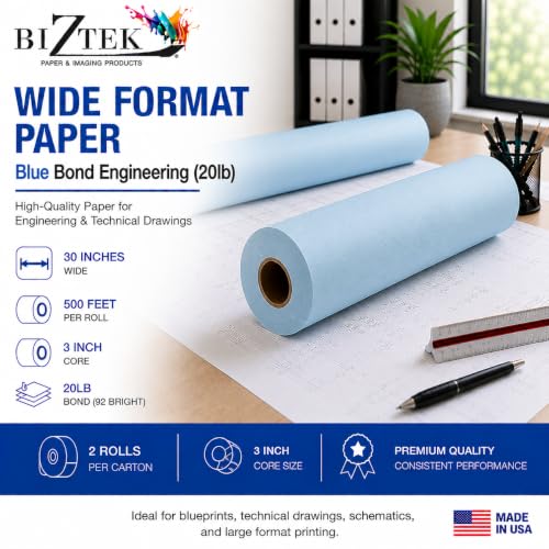 BIZTEK Wide Format Paper 30" x 500' Blue Bond Engineering 20lb | 92 Bright | 2 Rolls | 3" Core
