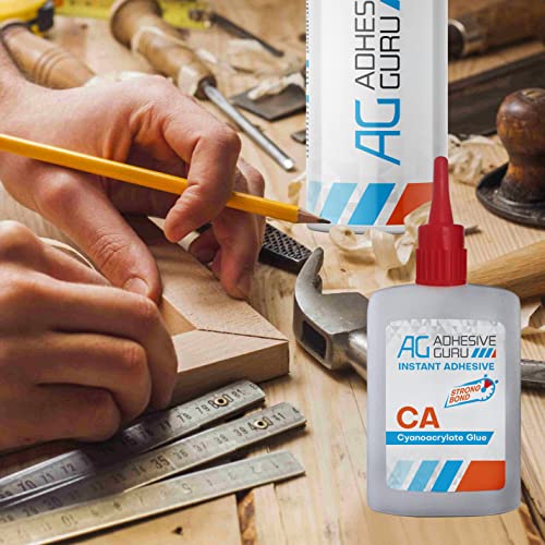 Adhesive Guru CA Glue with Activator (4x1.7 oz - 4x6.76 fl oz) - Premium Cyanoacrylate Super Glue for Woodworking, Woodturning, Plastic, Metal, Leather, DIY, Ceramic & Craft | Instant Bond - 4 Pack