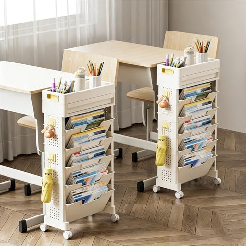 SMGCEHC Rolling Book Cart with Lockable Wheels, 7-Tier Mobile Craft Storage Cart with Drawer, Slim Storage Organizer for Home Office Classroom, Modern Bookcase on Wheels